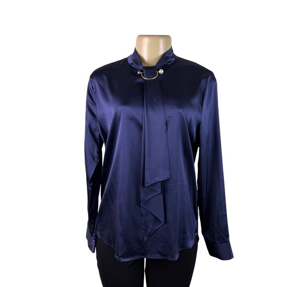 LILYSILK Womens Navy Blue Silk Long Sleeve Blouse With Tie Neck Detail Size M - Picture 2 of 11